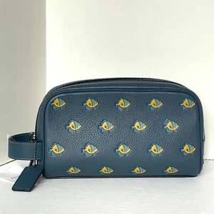 Coach Small Travel Kit Blue Pebbled Leather Fish Print Dopp Bag Toiletry Zip CU1 - Picture 1 of 7