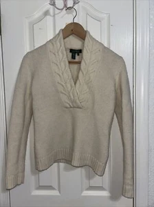 Lauren Ralph Lauren elfenbein beige 100% Lammwolle V-Ausschnitt Strickpullover Pullover Gr. S - Bild 1 von 6
