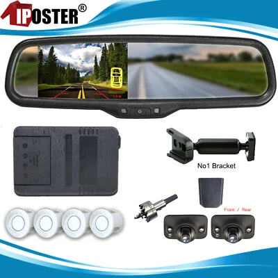 4.3" Mirror Monitor 4x Parking Radar Sensor 2 Backup Camera 360 Front Rear View - Image 1 of 4