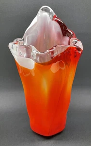 Art-Glass Vase Reddish Orange with White Inner Twist Ruffled Tulip Opening 1994 - Picture 1 of 7