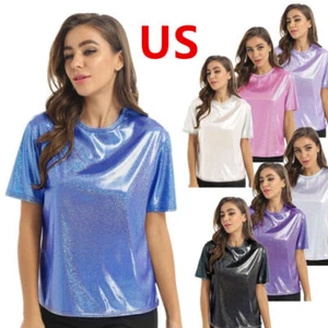 T-shirt donna top manica corta lucida metallizzata pantaloncini glitter club party - Foto 1 di 81