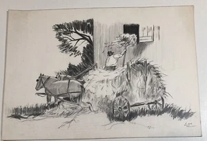 Vintage Pencil Drawing Of Farmer Loading Hay Into Barn Signed Lyn - Picture 1 of 5