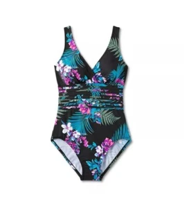 TAILLENDETAIL ÜBER DER SCHULTER EINTEILER BADEANZUG - AQUAGRÜN SCHWARZ GEBLÜMT 22 - Bild 1 von 1