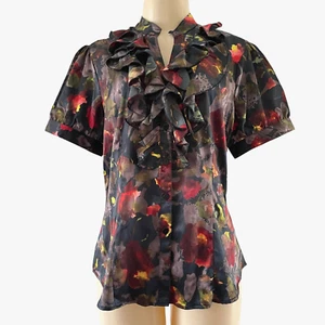 Harve Benard Dark Floral Button Up Blouse Ruffle Neck Collar Victorian Whimsy L - Picture 1 of 8