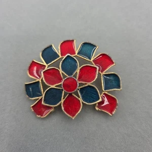 Vintage Florenza Red Blue Enamel Goldtone Flower Brooch 2" – Signed, FLaws - Picture 1 of 6