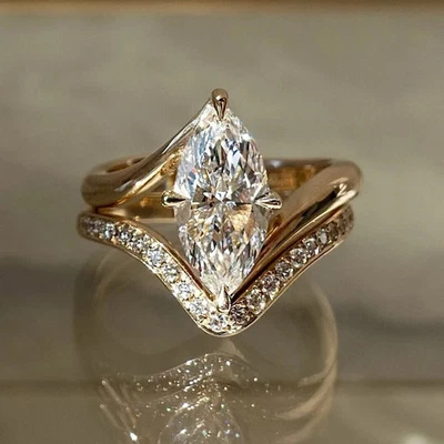 14K Yellow Gold Plated 3.50Ct Marquise Moissanite Wedding Bridal Band Ring Set - Image 1 of 4