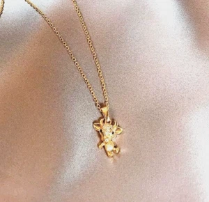 Titanium Gold Animal Cow Bull Ox Black Eyes CZ Pendant Chain Necklace - Picture 1 of 2