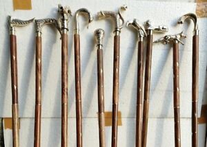 Lot of 10 Pcs Antique Brass Walking Stick Cane Different Handle Wooden Gift
