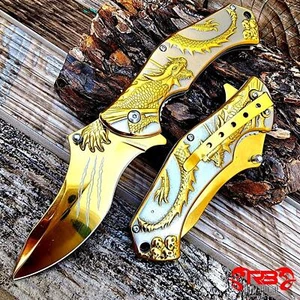 8” Gold Dragon Knife Tactical Spring Assisted Open Blade Folding Pocket Knife - Picture 1 of 6