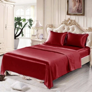 4PC King Size Satin Sheet Set Solid Color Bed Sheets Deep Pocket Fitted Sheet - Picture 1 of 47