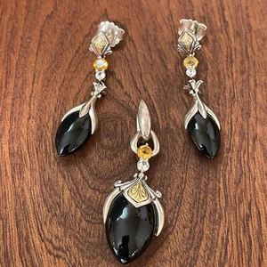 Ann King Sterling Silver 18K Gold Fairy Tale Onyx Earrings and Pendant - Picture 1 of 7