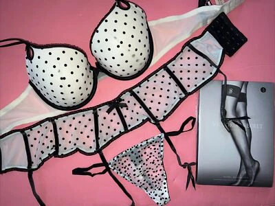 Victoria's Secret 36C BRA SET+garter+S BLACK WHITE polka Dot Flocked GORGEOUS - Image 1 of 4