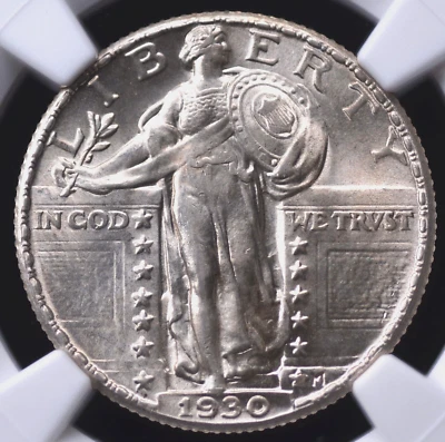1930 STANDING LIBERTY QUARTER NGC MS 63 FULL HEAD FLASHY WHITE WITH THE BAREST - Image 1 of 4