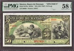 Messico Banco de Durango 50 Pesos (1891-1907) SPECIMEN P-S276s Abt UNC PMG 58 EPQ - Foto 1 di 2