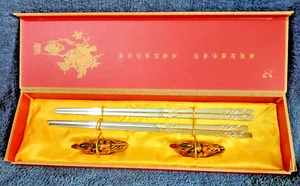#Elegant Gold Chopstick Set– Metal Sticks + 2 Duck Rests, Reusable – Gift Boxed - Picture 1 of 20