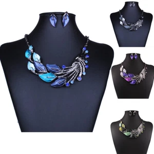Bohemian Tibetan Silver Leaf Peacock Chain Crystal Jewelry Set Earrings Necklace - Picture 1 of 16