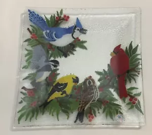 Peggy Karr FESTIVE BIRDS Fused Glass 9.75” Square Plate Tray Platter Blue Jay ++ - Picture 1 of 7