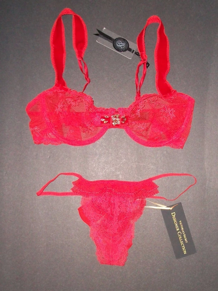  NUEVO CON ETIQUETAS $304 Victoria Secret Diseñador Colección Embellecido 34C S Conjunto de Sujetador de Encaje  Foto 1 de 1
