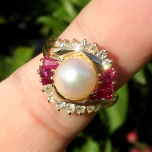 14k Solid Yellow Gold 7.5mm Natural Pearl Ruby and Diamond Ring Size 5.25 - Picture 1 of 7