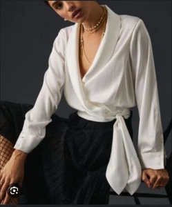 Anthropologie Hutch Women L Nyla Wrap Blouse White Long Sleeve Silky Classy Lux - Picture 1 of 23