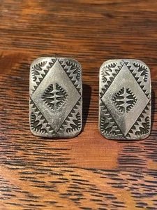 Sterling Silver Deeply Stamped Navajo 1” Pierced Earrings Signed J - Picture 1 of 5