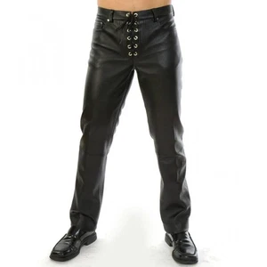 Handmade Real Cow Soft Leather Black Pant And Front Lace Up Pant For Men - Picture 1 of 3