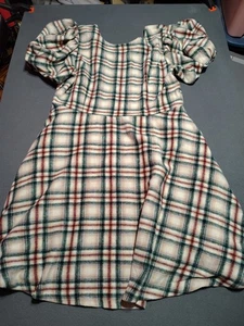 Ivy City Flannel Dress Ladies 1X Beige/Green Plaid Short Sleeve Knee Lined - Picture 1 of 13