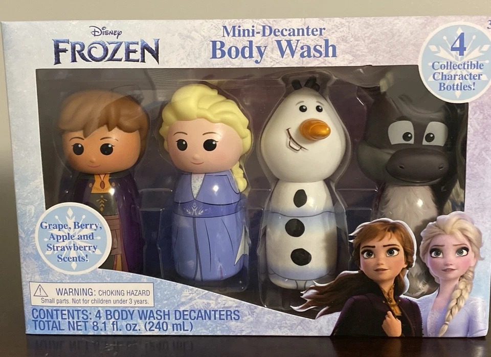 Disney Frozen II 4 Ct Mini Decanter Collectible Character Bottles Body Wash Set