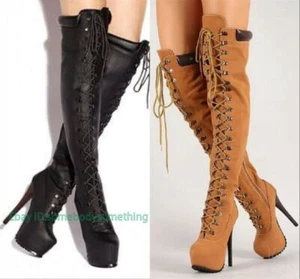 Women's Lace Ups Platform High Stiletto Heels Over Knee Thigh Riding Boots Shoes - Picture 1 of 26