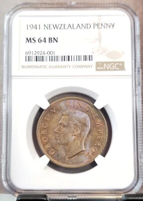 1941 NEW ZEALAND 1 PENNY GEORGE VI TUI BIRD NGC MS 64 BN RARE TOP POP BROWN - Image 1 of 3
