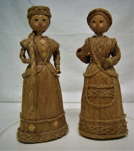 Bambole popolari europee vintage fatte a mano in crine di cavallo e legno Bielorussia set di 2 - 10"T - Foto 1 di 7