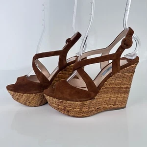 Prada Suede Wedge Espadrille Brown Peep Toe Mismatch Size L 37 R 37.5 - Picture 1 of 12