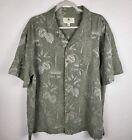 Island Shores Hawaiian Camp Shirt Mens 2XL 100% Silk Green Jacquard Tiki Huts