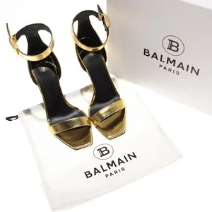 Balmain NWD Open Toe Leather Stiletto High Heels Size 37.5 US 7.5 in Gold - Picture 1 of 15