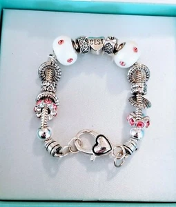 "Brazalete de Madre Plateado con Rosa y Blanco Nuevo en Caja ""Mejor Mamá" - Imagen 1 de 3