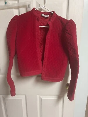 80-е Красный укороченный СТЕГАНЫЙ Бархатный ПУХЛЫЙ РУКАВ Болеро ОТКРЫТАЯ КУРТКА Маленький 9 Эдвардианский - Изображение 1 из 4