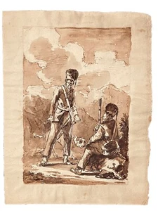 Napoleon’s Army Period Ink Drawing of Soldiers & Large Dog - Picture 1 of 1