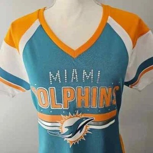 NWT women's MAJESTIC fashion MIAMI DOLPHINS gameday SHIRT poly RHINESTONES sz M - Picture 1 of 8