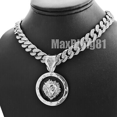Hip Hop Silver Lion Head Pendant 16  18  20  24  Iced Cuban Chain Bling Necklace • 12.99€