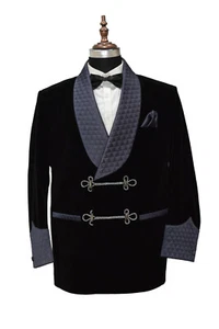 Men Black & Grey Smoking Jackets Quilted Shawl Collar Dinner Party Wear Coats US - Picture 1 of 3