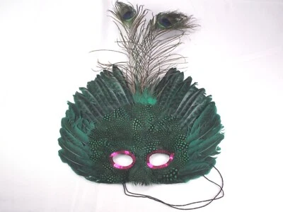 Carnival Mardi Gras Feathered Mask Green Pink - Image 1 of 4