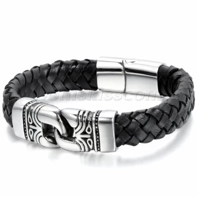 Men's Vintage Totem Leather Stainless Steel Magnetic Buckle Bracelet Bangle Cuff - Image 1 of 4
