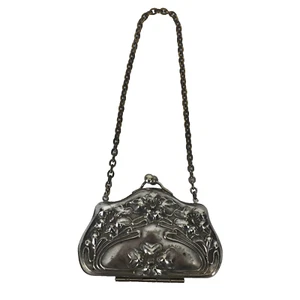 Antique Floral Coin Purse German Silver Pink Fabric Lining Embossed Florals - Picture 1 of 10