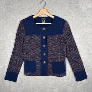 St. John Women's Gold Buttoned Blue RedTweed Cardigan Blazer Sz 12 - Picture 1 of 13