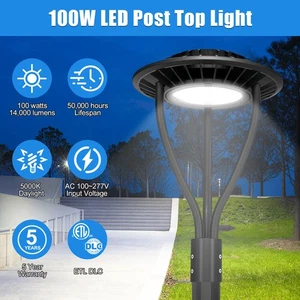 Led Post Top Light 100W Dusk to Dawn Outdoor Yard Area Pole Light 5000K Circular - Picture 1 of 10