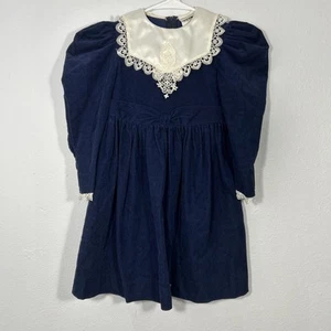 Vtg Ruth of Carolina Dress Kids Navy Corduroy  Lace Puritan Mormon Cottagecore - Picture 1 of 6