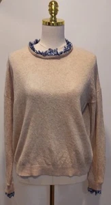 Suéter Boden Lydia Mezcla Algodón/Lana/Cachemira Beige Puños Azules Talla 10 Preppy - Imagen 1 de 9