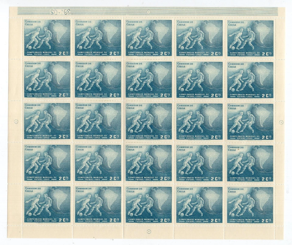 CHILE 1962 Fútbol Mundial 2c Azul MNH Placa Número 391-02 Hoja Completa Foto 1 de 1