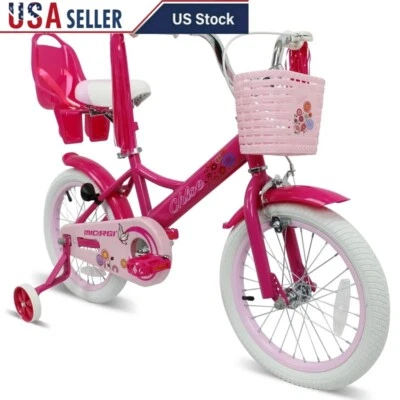 16 In Kids Bike W/Training Wheels Basket Streamers Doll Carrier Bell  Pink - Image 1 of 4