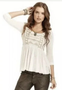 Free People Justyana Babydoll Top Size XS Long Sleeve Ivory - Picture 1 of 5